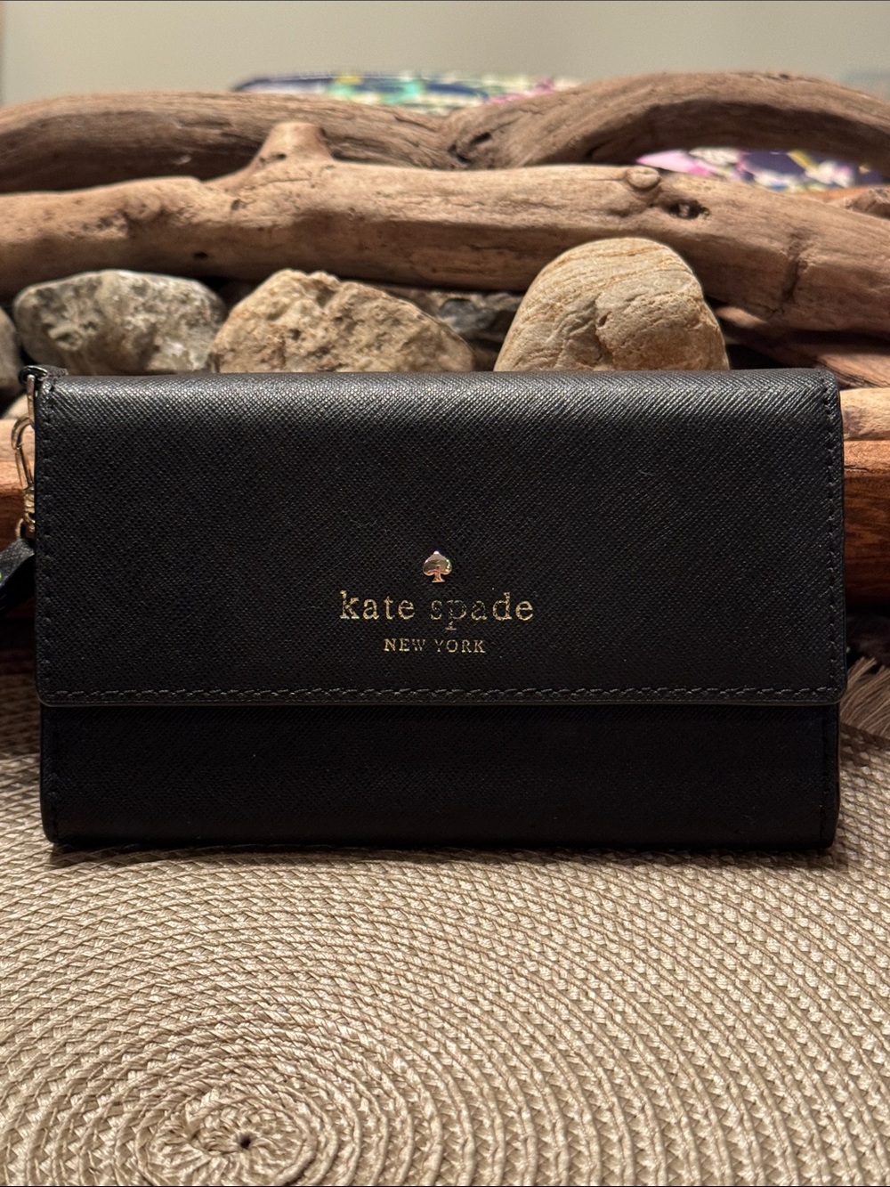 kate spade black saffiano leather wallet with gold logo